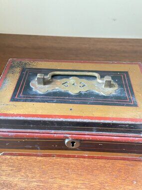Antique English Victorian Metal Cash Box Red Gold Black